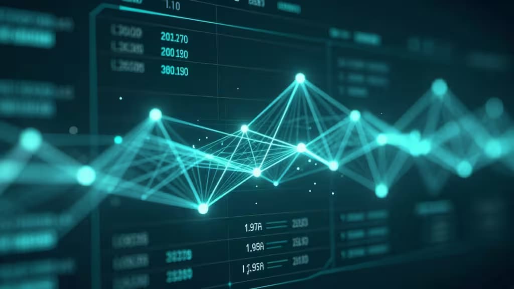 Abstract digital dashboard with glowing network nodes and data flow lines on a dark teal background