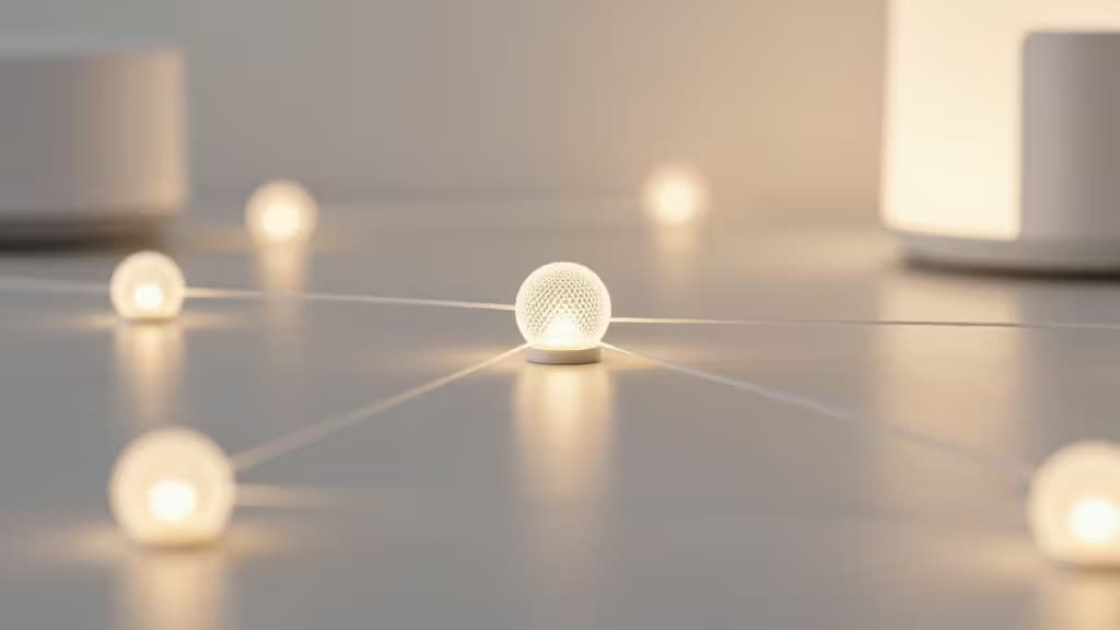 Glowing spherical nodes on a minimalist surface illustrate Thread mesh network connectivity for smart homes.