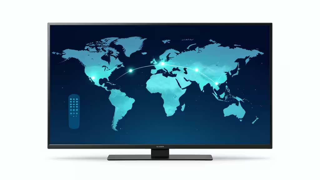 Ilustración abstracta de un televisor inteligente con un mapa mundial de conexiones VPN y un control remoto, en tonos azul oscuro y turquesa.