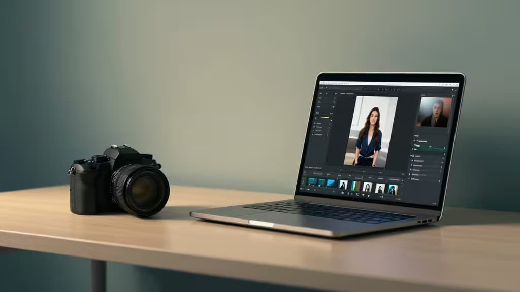 Stilleven van een fotografenwerkplek met camera en laptop met AI-bewerkingsinterface in zachte studiobelichting