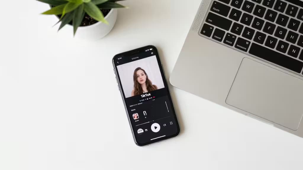 Un smartphone mostrando un video de TikTok descansa junto a una laptop en un escritorio minimalista, con una planta de maceta añadiendo un toque verde.