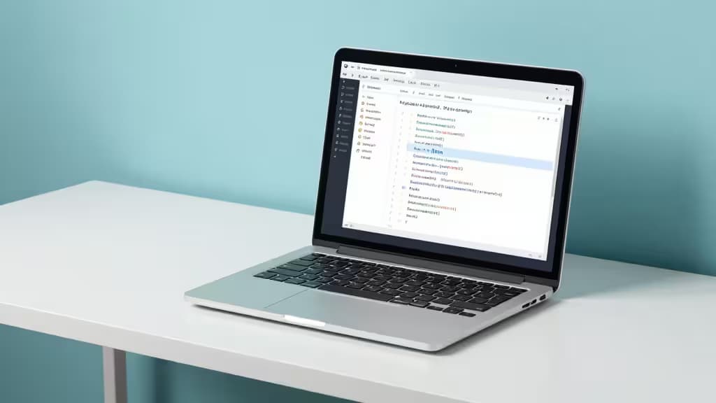 Zilveren laptop op een wit bureau met MongoDB-migratiecode op het scherm, tegen een tegelkleurige muur.