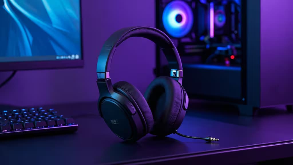 Czarne nauszne słuchawki gamingowe z wtyczką 3.5mm na biurku obok PC z podświetleniem RGB i klawiaturą.