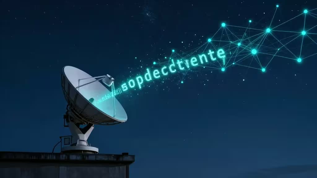 Antena satelitarna na dachu pod nocnym, gwieździstym niebem z zaszyfrowanym strumieniem danych unoszącym się w stronę orbity, styl minimalistyczny w tonach głębokiego błękitu