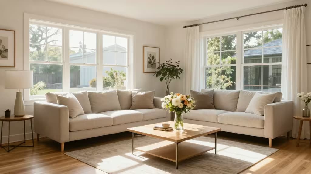 Salon moderne et lumineux avec canapés beiges, table basse en bois et compositions florales, photographié dans un style immobilier professionnel.