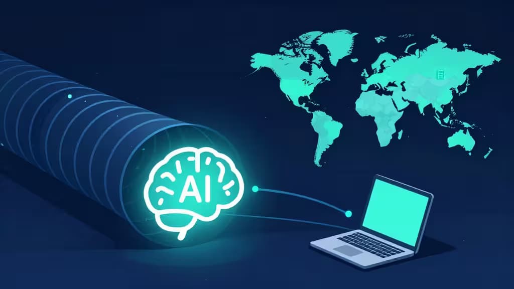Abstract illustration of a secure encrypted VPN tunnel connecting a laptop to a glowing AI server, with European data center locations highlighted on a dark blue world map.