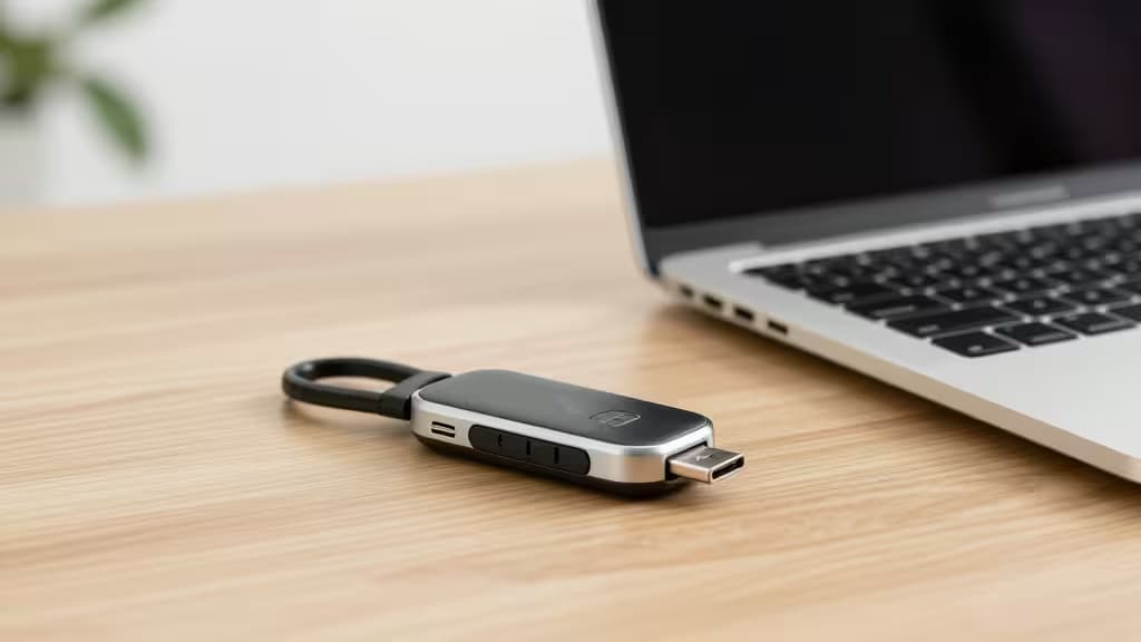 Una chiave di sicurezza hardware metallica e nera poggiata su un tavolo in legno chiaro accanto a un laptop argentato.