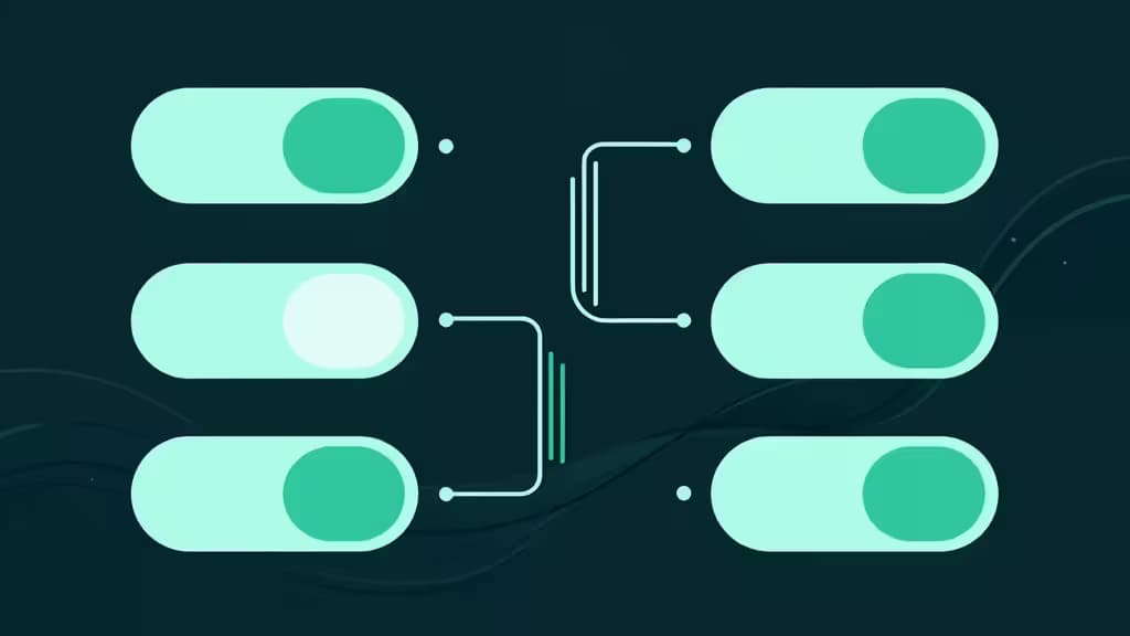 Zes toggleschakelaars gerangschikt in twee kolommen, verbonden door minimalistische lijnen, symboliserend feature flag management tools voor kleine teams.