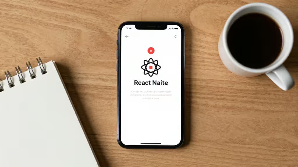 A smartphone displaying a React Native app sits on a wooden desk beside a notebook and coffee cup.