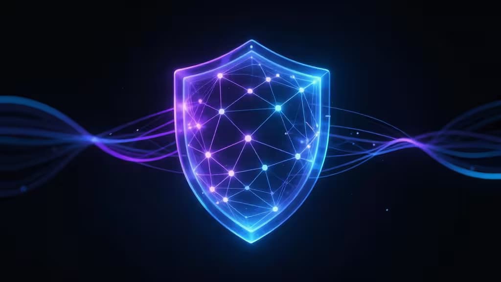 Абстрактная голографическая сфера VPN-щита в тёмном пространственном окружении с синими и фиолетовыми световыми линиями, соединяющими сетевые узлы