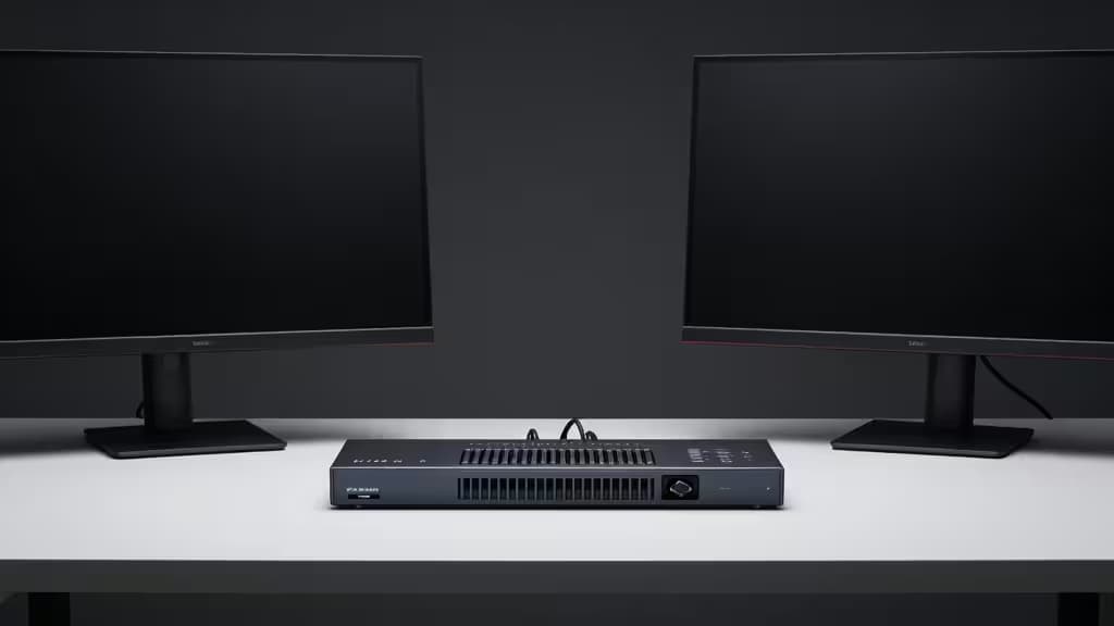 Чёрный KVM-коммутатор на белом столе между двумя чёрными мониторами на фоне тёмно-серой стены.