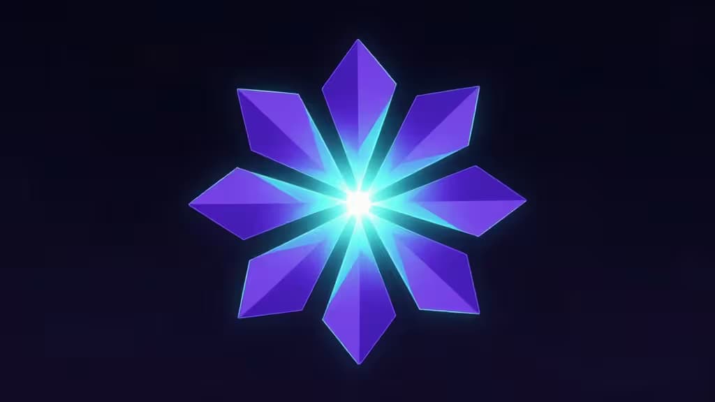 Abstracte weergave van Solana blockchain staking met glinsterende paarse en turquoise geometrische vormen die samenkomen in een centraal lichtpunt
