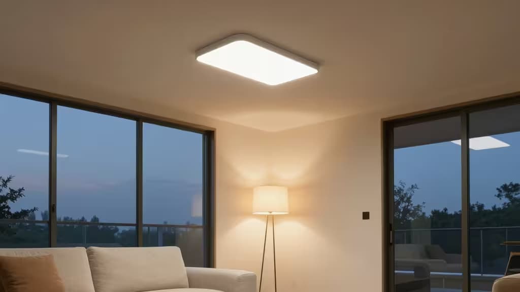 A modern Zigbee smart ceiling light illuminates a cozy living room with large windows and warm ambient lighting.