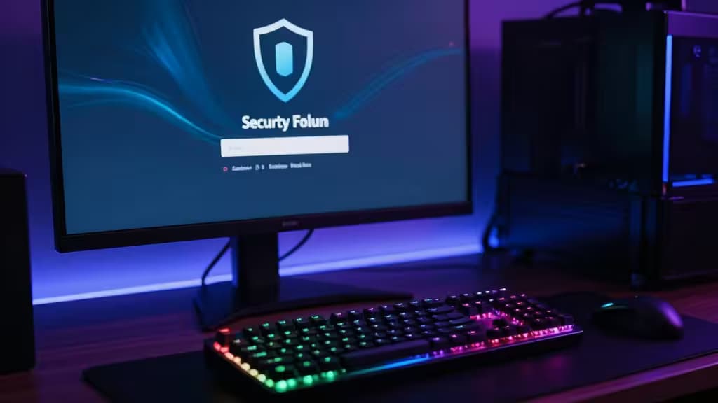 Gaming setup with RGB keyboard, monitor displaying shield logo, and ambient blue lighting.
