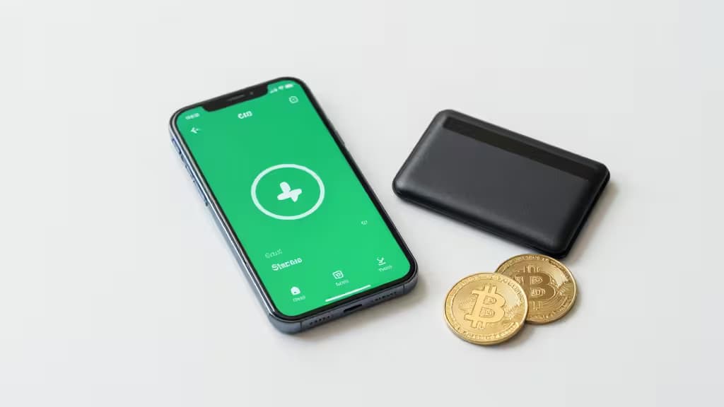 Smartphone displays staking app beside physical Bitcoin coins and black wallet on white surface.