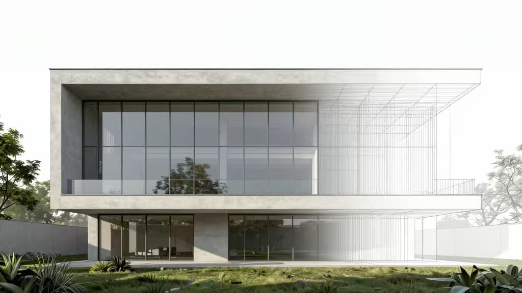 Bâtiment moderne en béton et verre, à mi-chemin entre filaire et rendu photoréaliste, dans un paysage verdoyant.