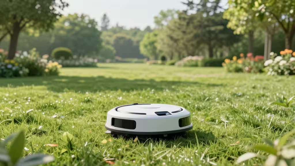 Une tondeuse robot blanche posée sur une pelouse verte et luxuriante, entourée de fleurs et d'arbres.