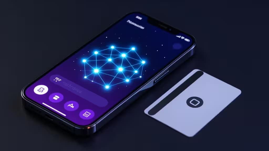 Smartphone affichant un réseau crypto lumineux, accompagné d'une carte Tangem, symbolisant les wallets mobiles sécurisés.