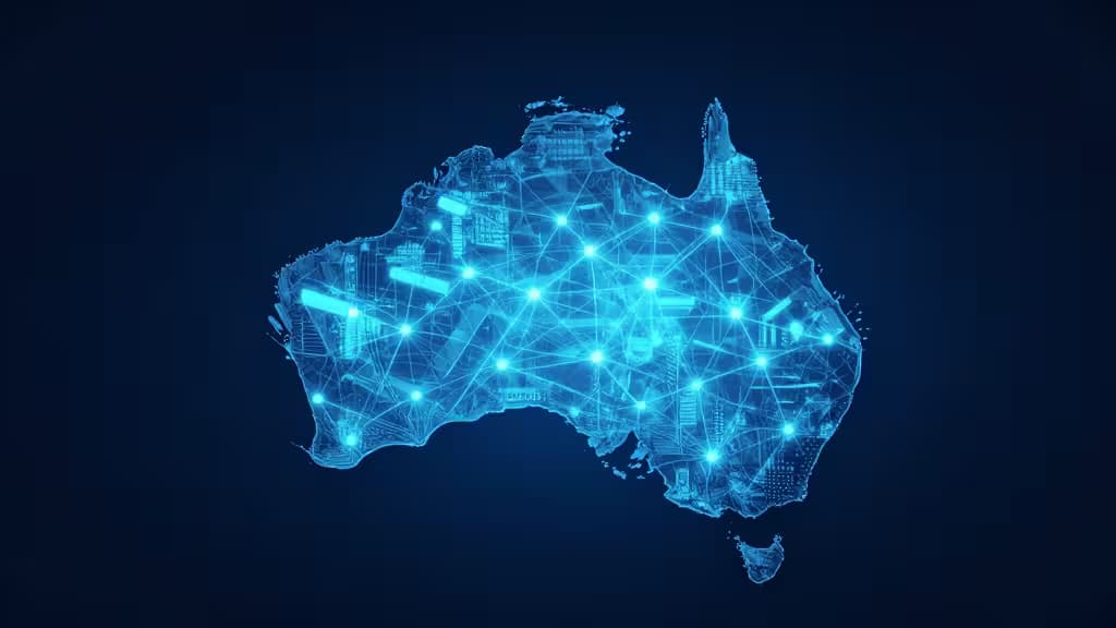 Mappa dell'Australia con linee di connessione digitale e scudo di protezione su sfondo blu scuro, rappresentazione astratta di una VPN.