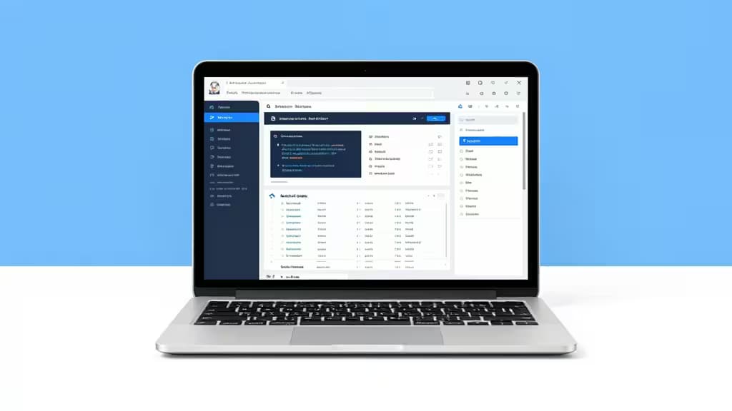 Een laptop toont een database GUI-interface met tabellen en queries op een blauwe achtergrond.