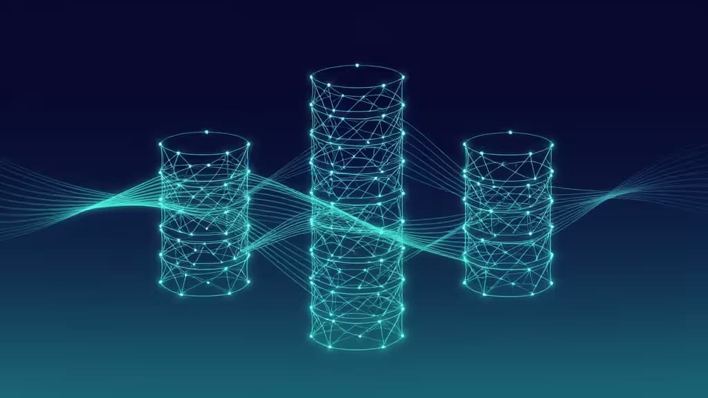 Glowing wireframe database cylinders connect via flowing data streams against a deep blue gradient background.