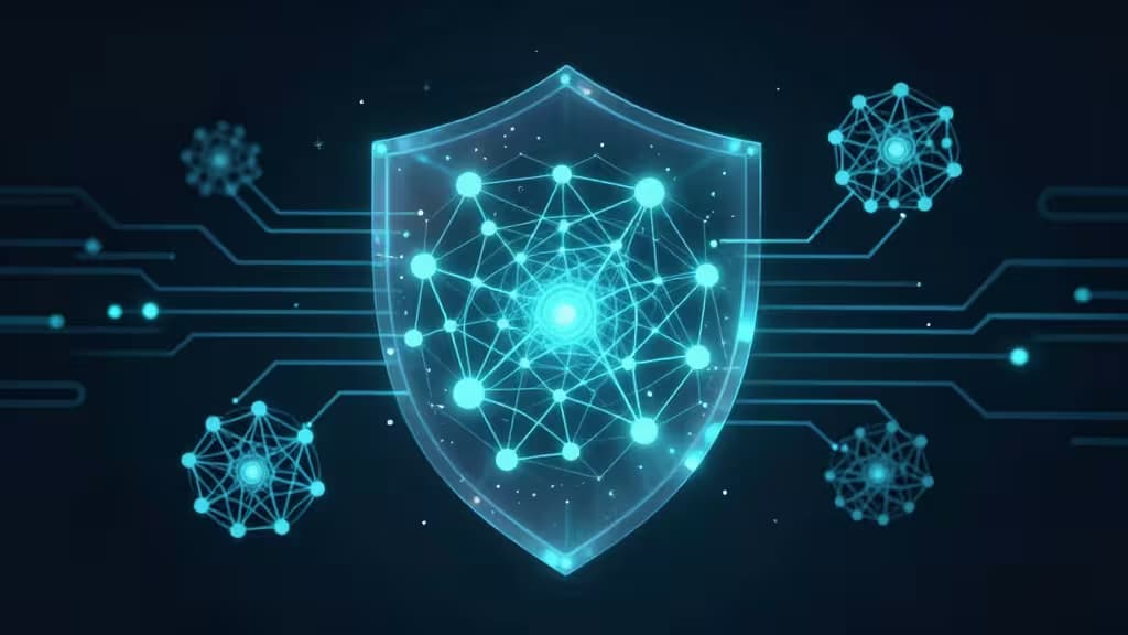 Glowing neural network shielded by translucent blue armor, connected via circuit lines to floating data nodes on dark background.