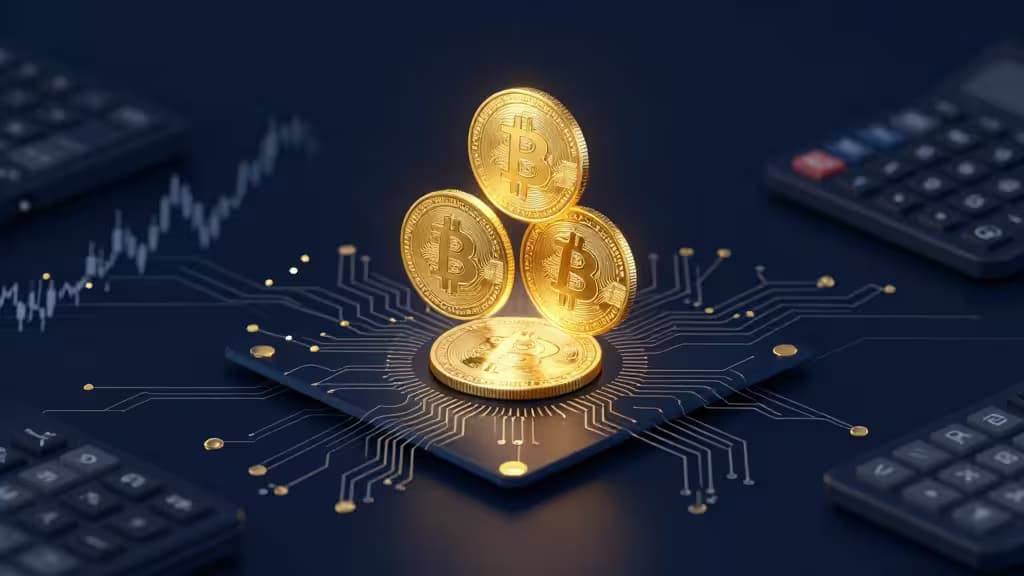 Goldene Bitcoin-Münzen erheben sich aus einer leuchtenden Platine, umgeben von Finanzcharts und Rechnern.