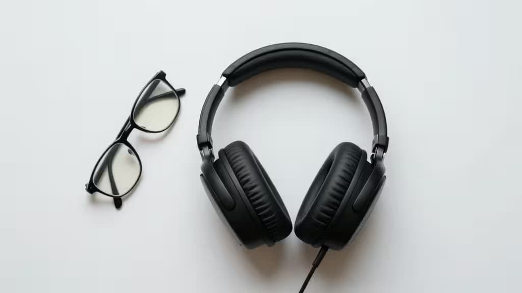 Black over-ear gaming headset with cushioned earcups sits beside black-framed glasses on white surface.