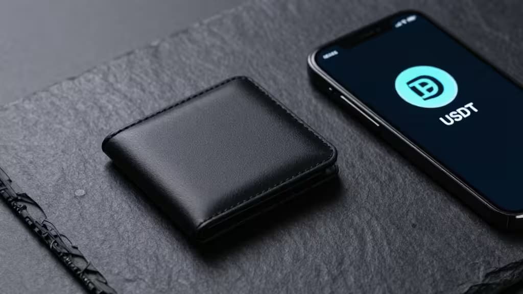 Portefeuille en cuir noir et smartphone affichant USDT sur une surface ardoise sombre.