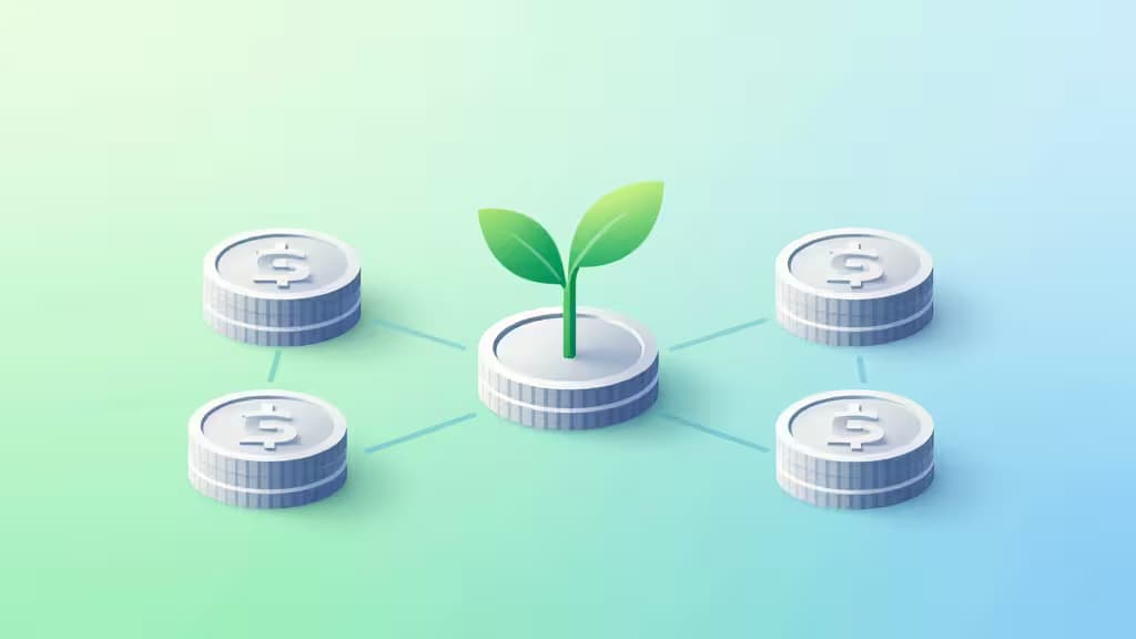 Green sprout grows from central dollar coin, connected to four surrounding coins on gradient background.