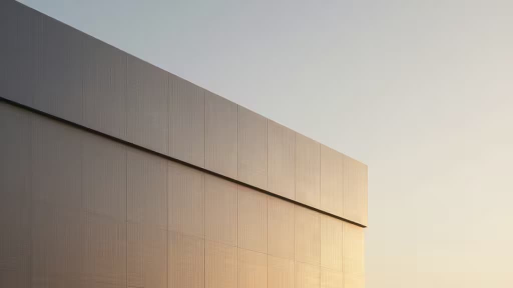 Modern beige facade panels transition from photorealistic to wireframe, illustrating AI architectural visualization tools.