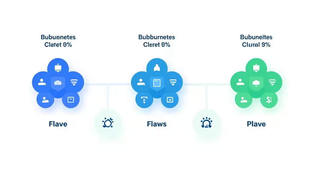 Three cloud clusters labeled with Kubernetes tools, showing cost metrics and icons for startups.