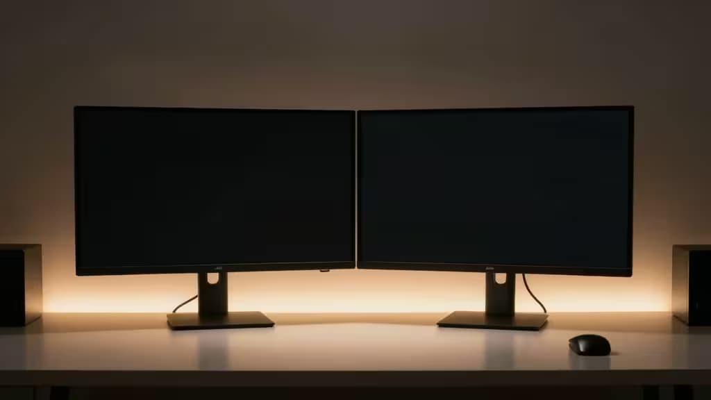 Dwa monitory na minimalistycznym biurku, oświetlone ciepłym paskiem świetlnym rzucającym miękkie, asymetryczne światło na powierzchnię blatu.