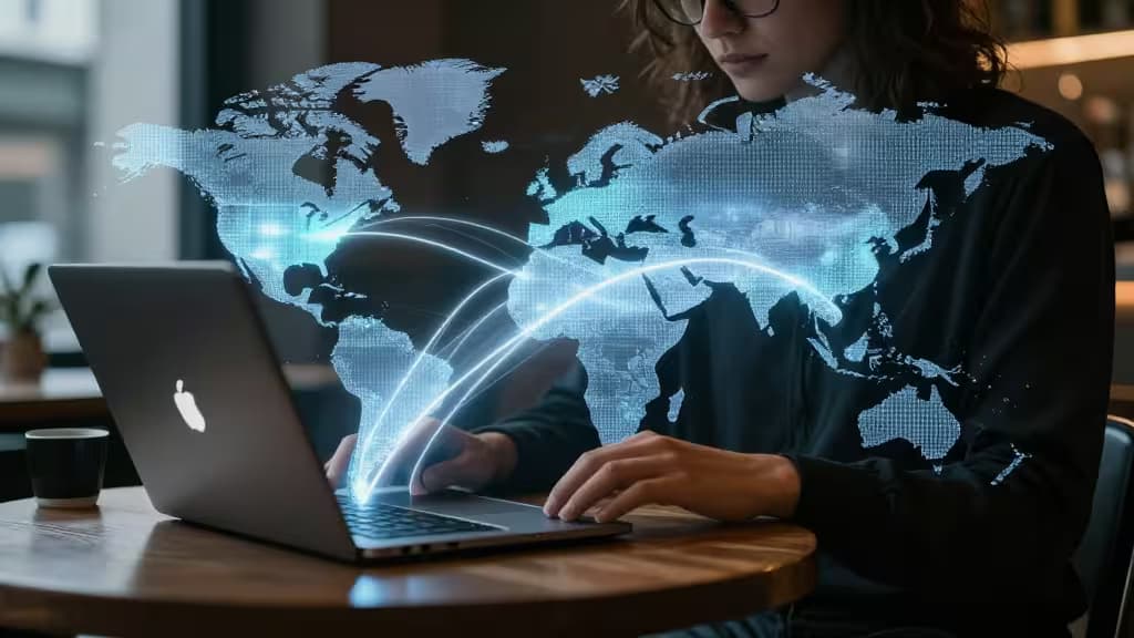 Ein digitaler Nomad arbeitet auf einem Laptop, während eine leuchtende holografische Weltkarte globale Konnektivität symbolisiert.