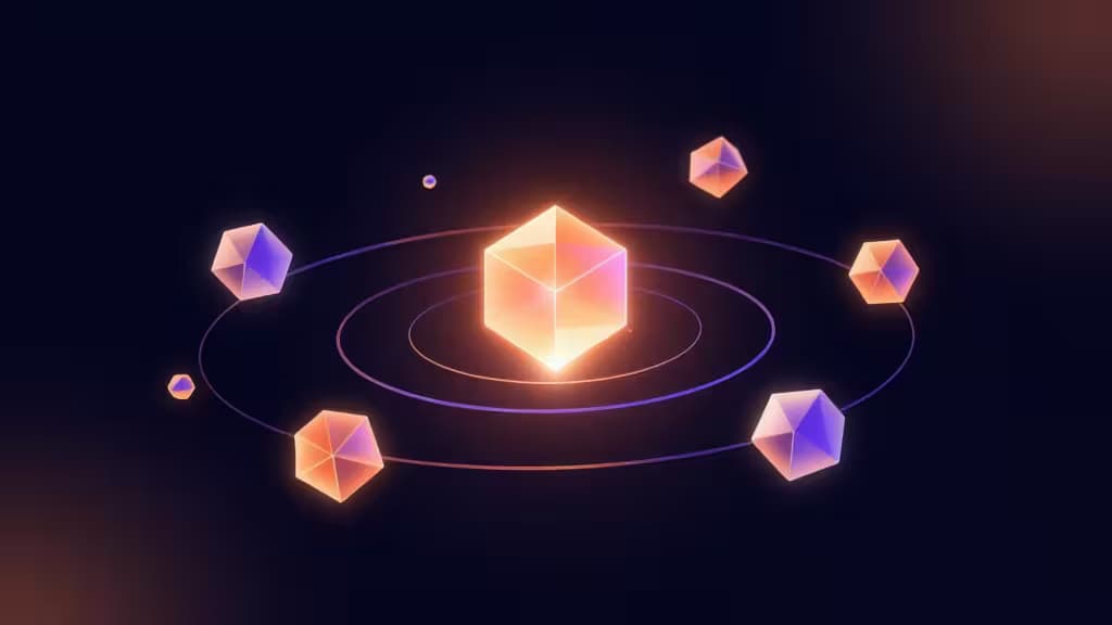 Glowing orange and purple geometric cubes orbit a central luminous cube on dark background, symbolizing Solana's ecosystem and meme coin volatility in 2026 crypto trading.