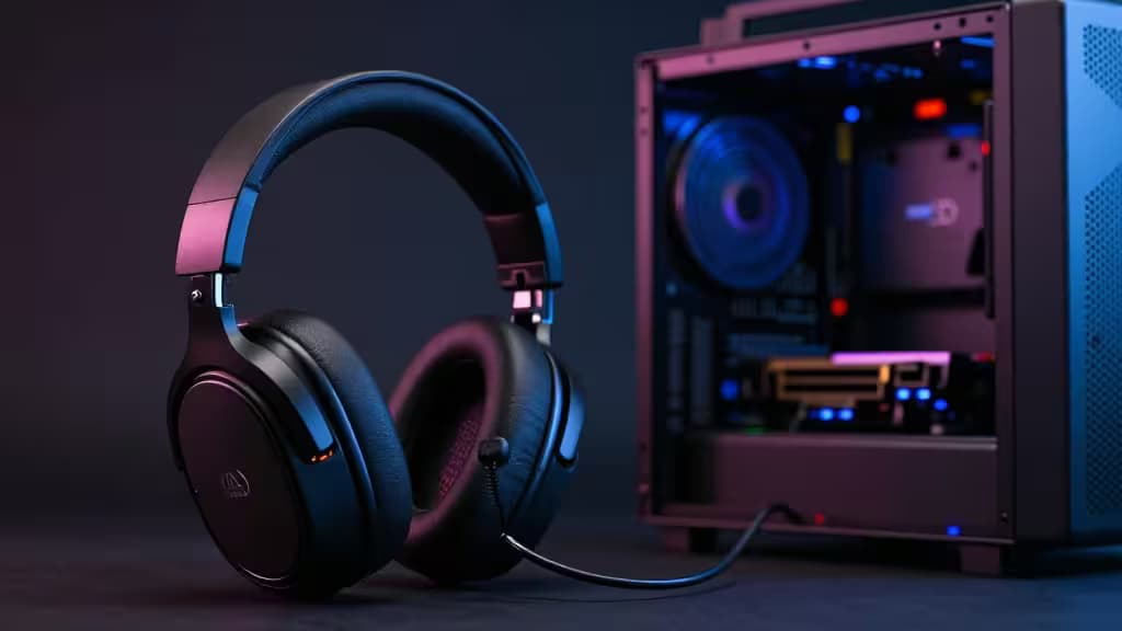 Zwarte gaming headset met 3.5mm jack naast een RGB-verlichte PC-behuizing.