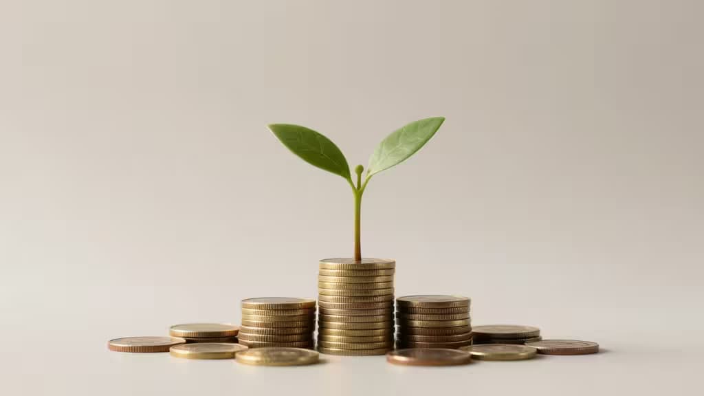 Abstract financiële stillife met stapel munten waaruit een kleine plant groeit onder zacht gouden licht — symbool voor groeiend spaargeld.