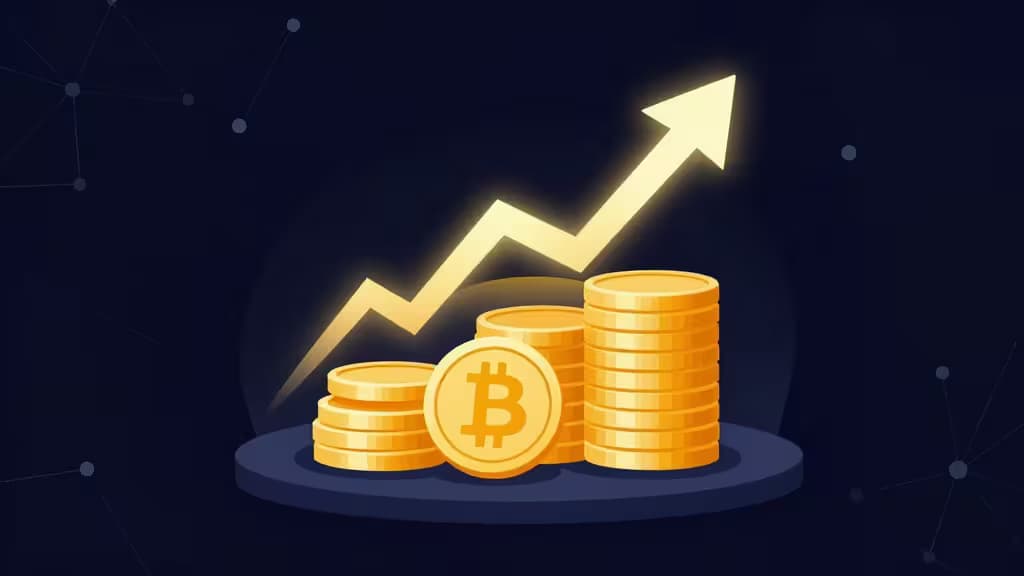 Stacked golden Bitcoin coins rise beneath a glowing upward arrow on a dark blockchain network background.