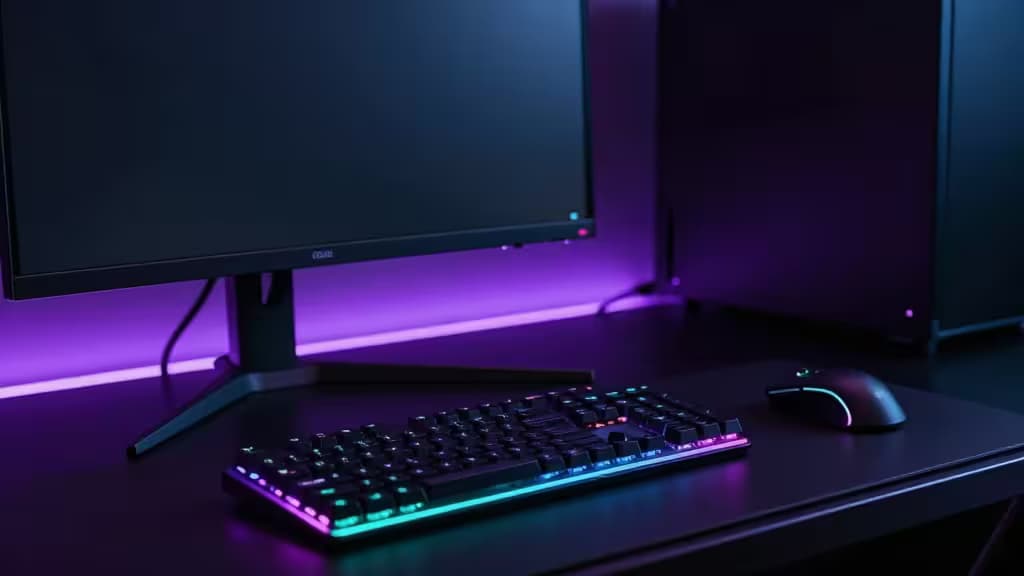Gaming desk with RGB keyboard, mouse, and purple ambient LED strip under monitor.