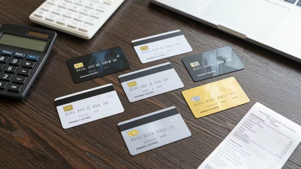 Six cartes de crédit, une calculatrice, un ordinateur portable et un reçu disposés sur un bureau en bois.
