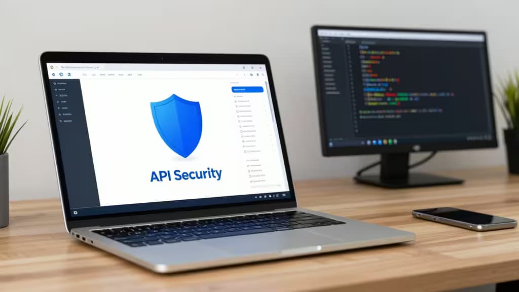 Laptop displays API Security shield icon beside code editor on desk.