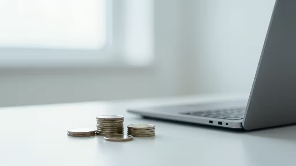 Composition abstraite représentant la banque moderne pour startups : un ordinateur portable et des pièces de monnaie sur un bureau épuré aux tons bleus et verts.