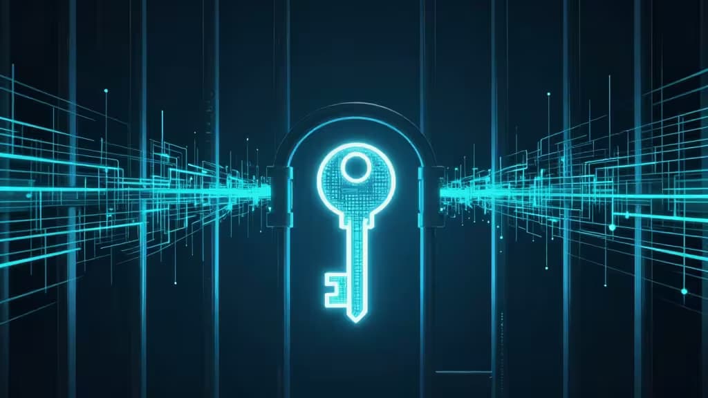 Glowing digital key centered in circuitry, symbolizing secure access through censorship.