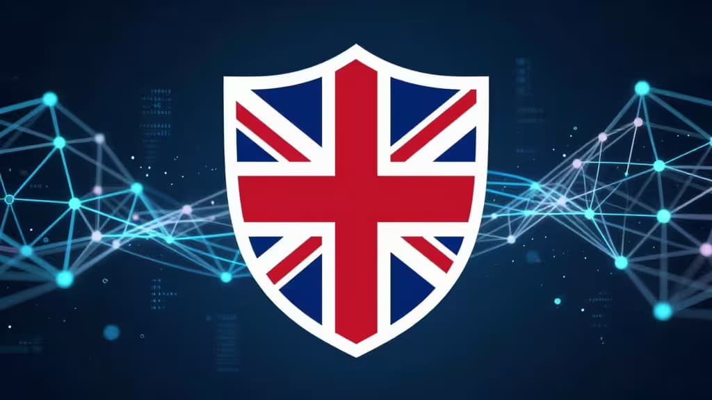 A white shield bearing the Union Jack flag stands centrally against a dark blue background, flanked by glowing cyan blockchain network nodes.