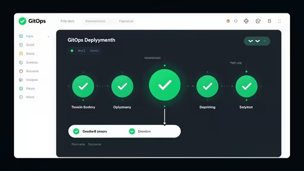 Dark-themed GitOps dashboard displays green checkmarks across five deployment stages with navigation sidebar.