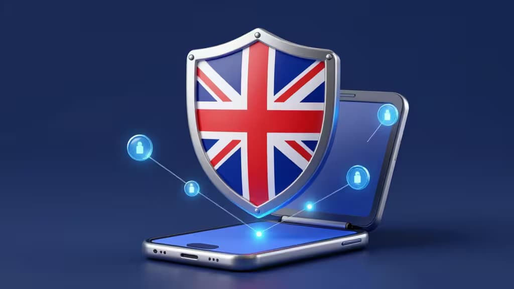 Een metalen schild met Union Jack-patroon zweeft boven een smartphone en tablet, verbonden door gloeiende blauwe slotpictogrammen.