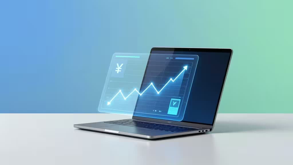 Silver laptop displays glowing financial charts on white desk against blue-green gradient background.