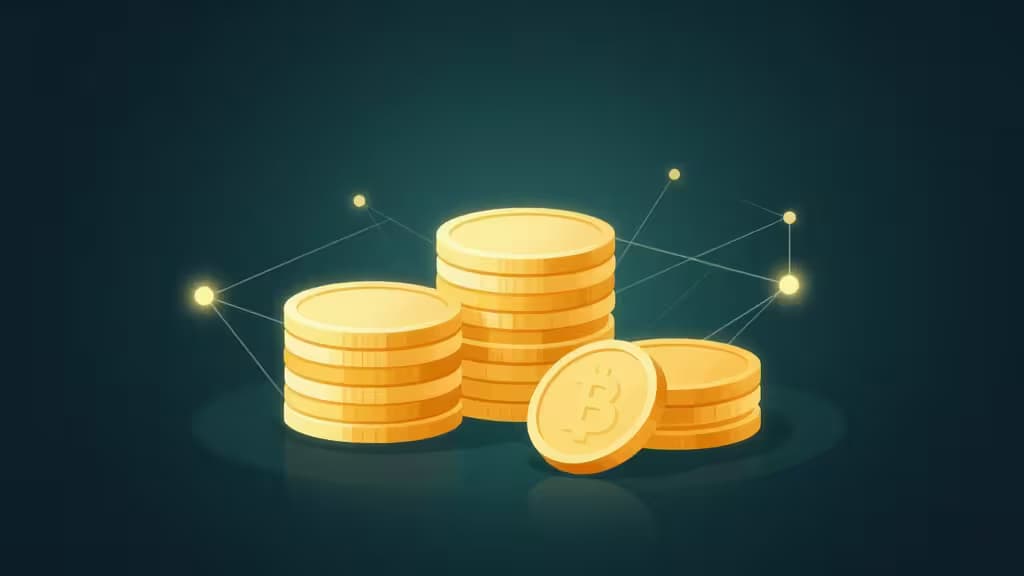 Abstract illustration of cryptocurrency staking with glowing golden coins and interconnected blockchain network nodes on a dark gradient background