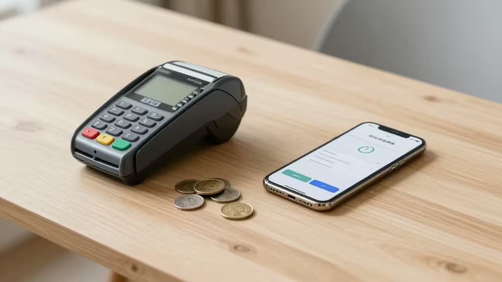 Terminal de paiement, smartphone et pièces de monnaie sur une table en bois symbolisant les solutions de paiement à faibles frais pour les petites entreprises.