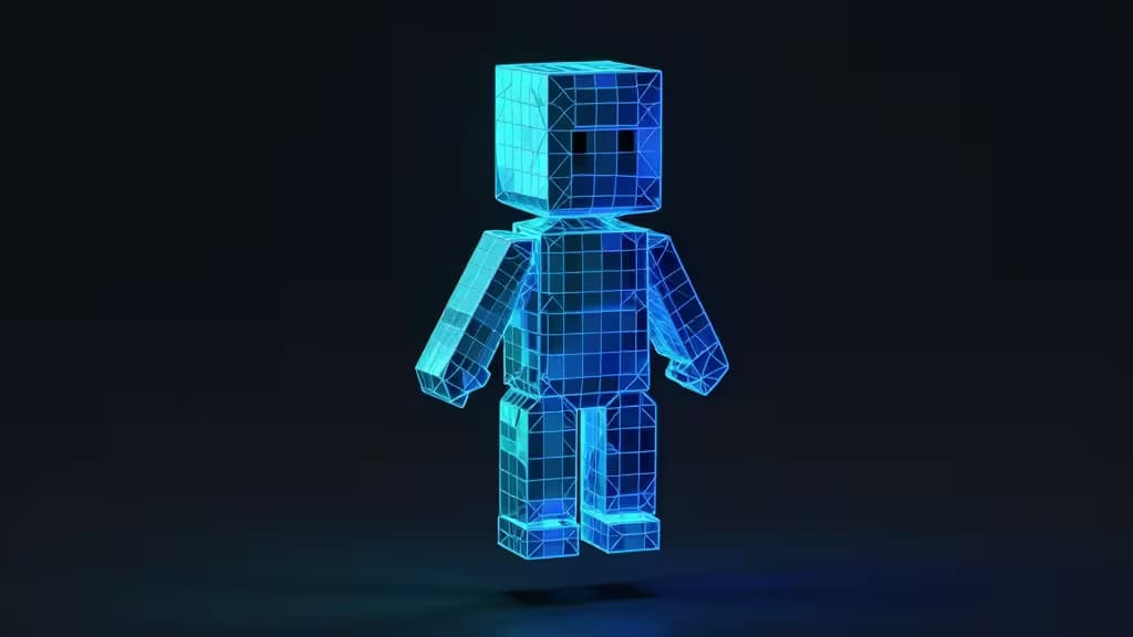 Glühendes blaues Drahtgitter-Modell eines humanoiden Charakters schwebt vor dunklem Hintergrund und symbolisiert KI-generierte 3D-Assets für Spieleentwickler.